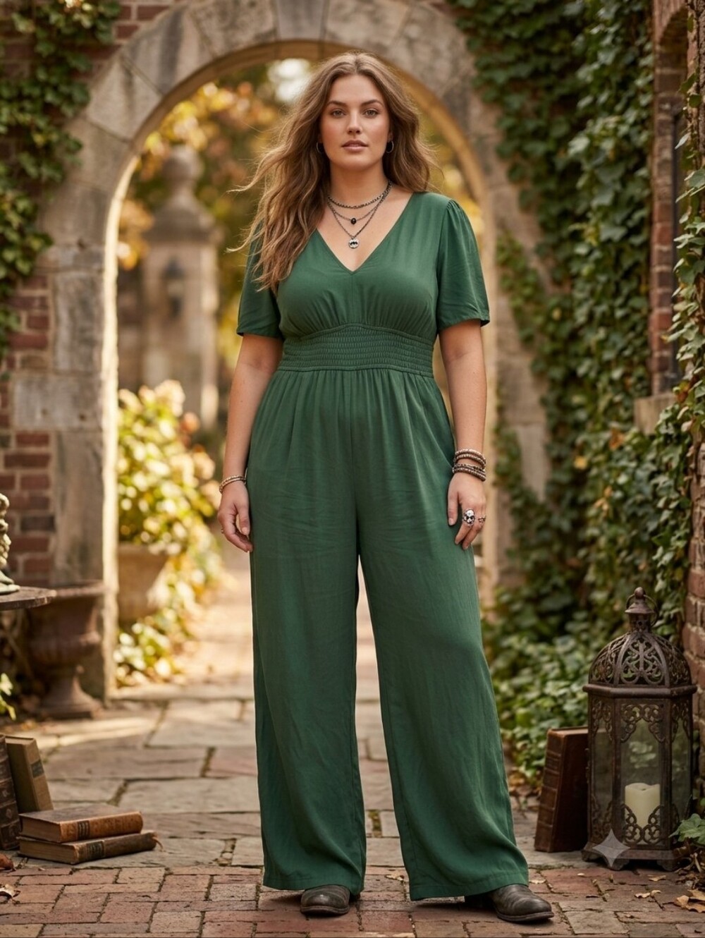 Old Navy Puff Sleeve Wide Leg Linen Blend Bohemian Forest Green Jumpsuit